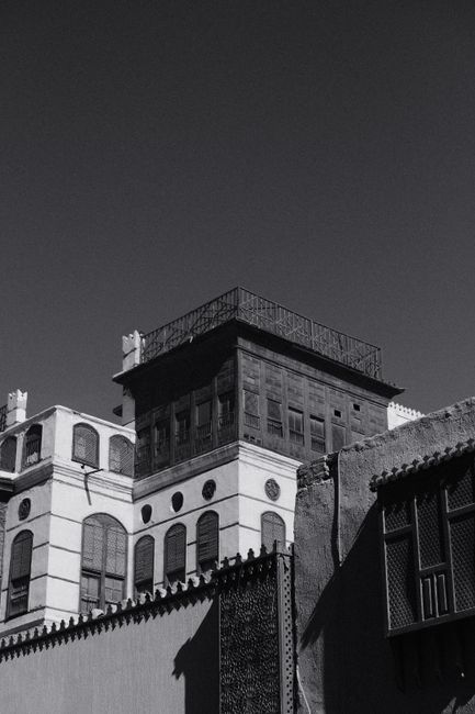 Black and white photo capturing the historic architectural essence of Al-Balad, Jeddah, Saudi Arabia.