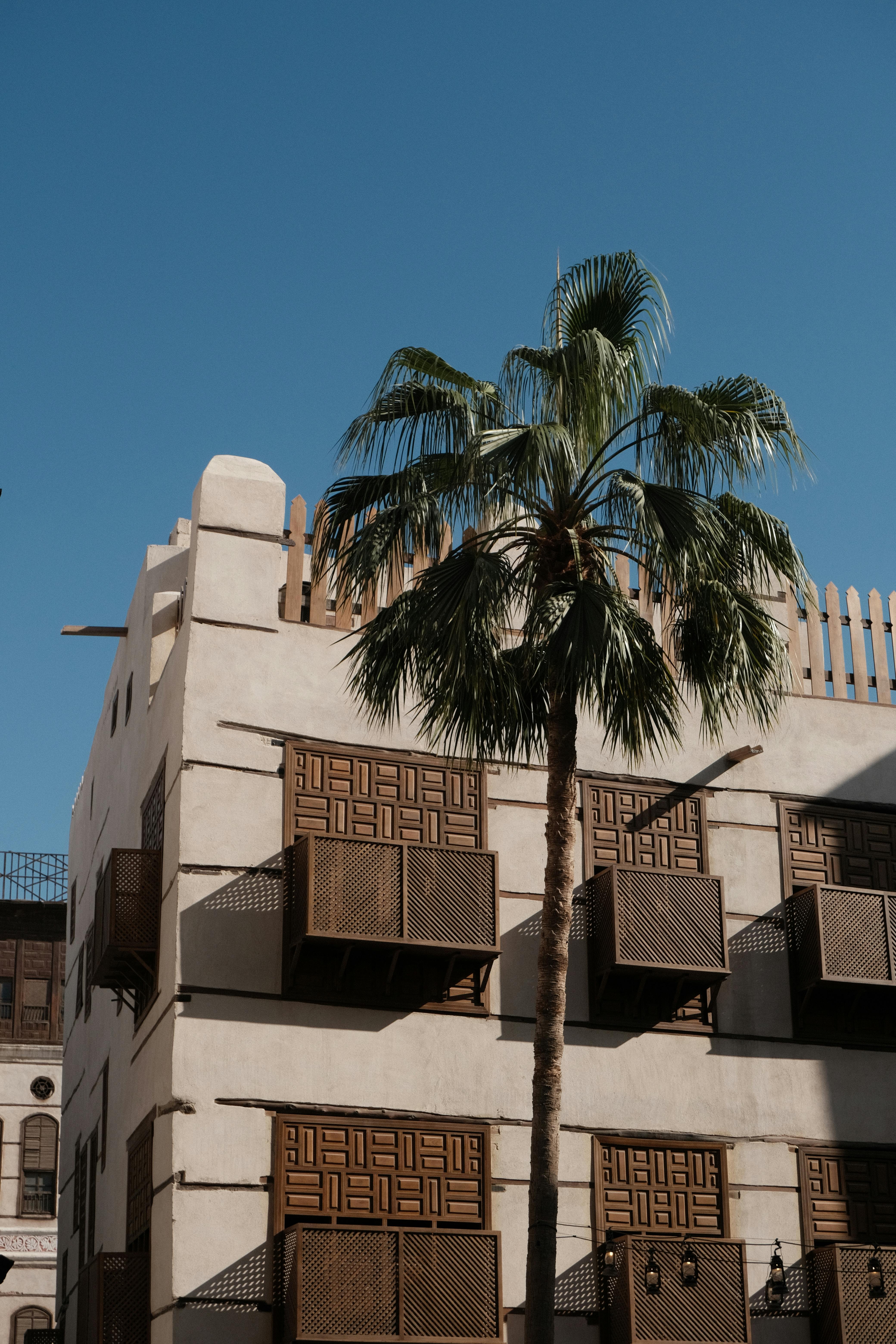 Explore the historical architecture of Jeddah, featuring iconic wooden windows and palm trees under a clear blue sky.