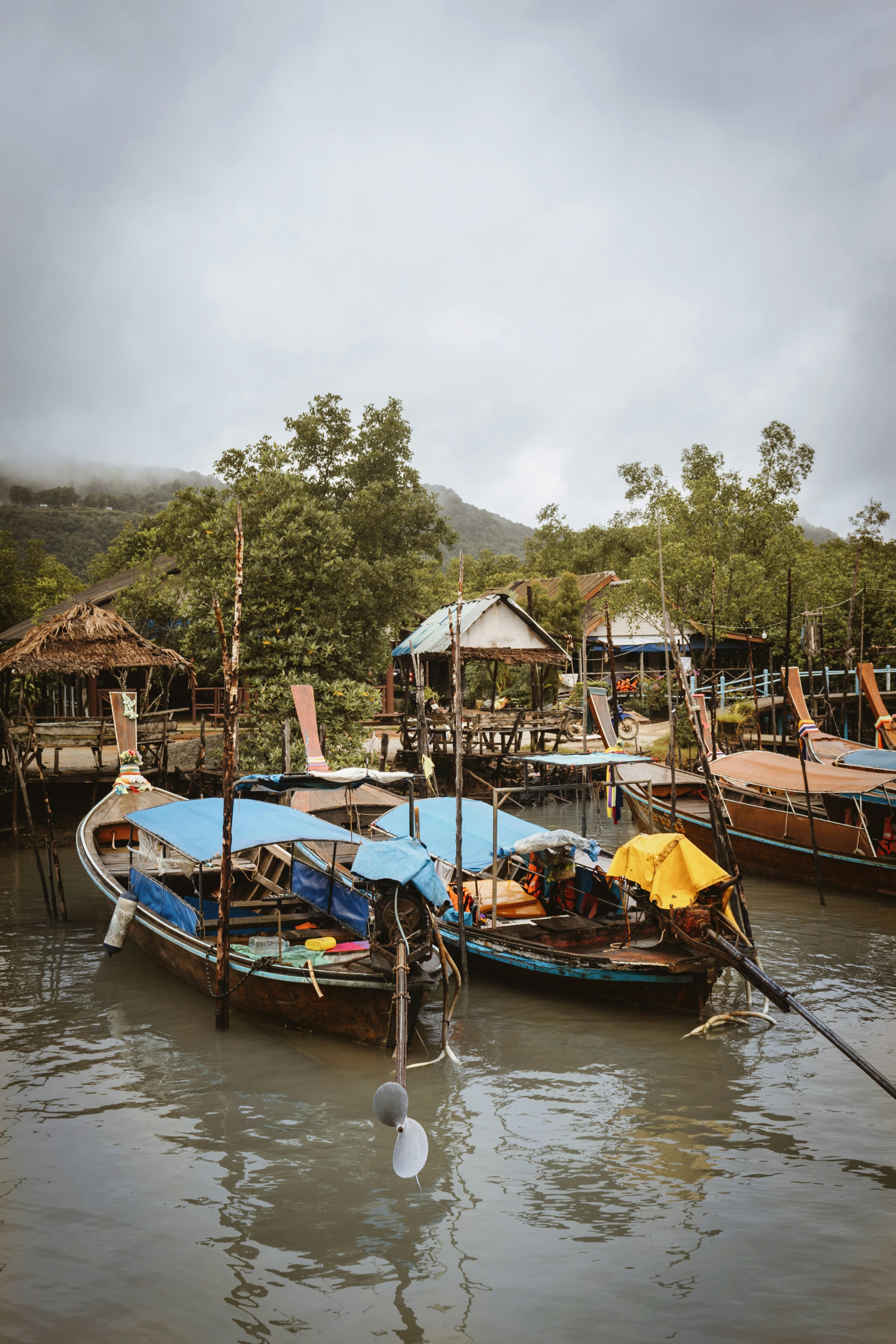 traditional thai longtail boats at surathani dock