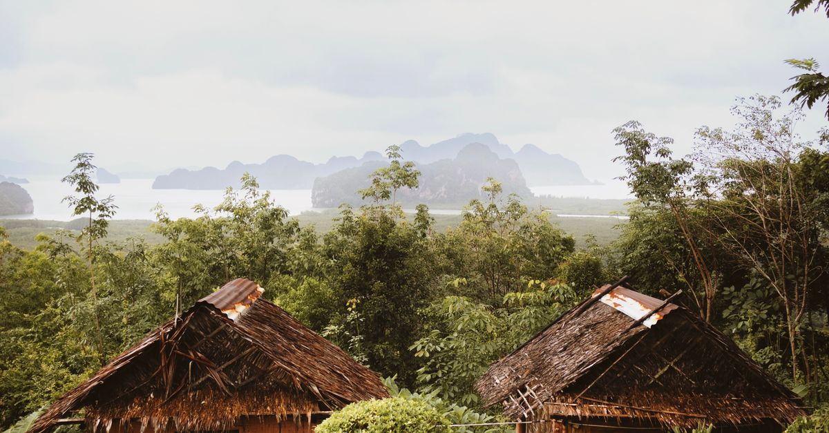 Serene view of traditional Thai huts amidst lush greenery with coastal backdrop in Koh Phangan, Thailand.