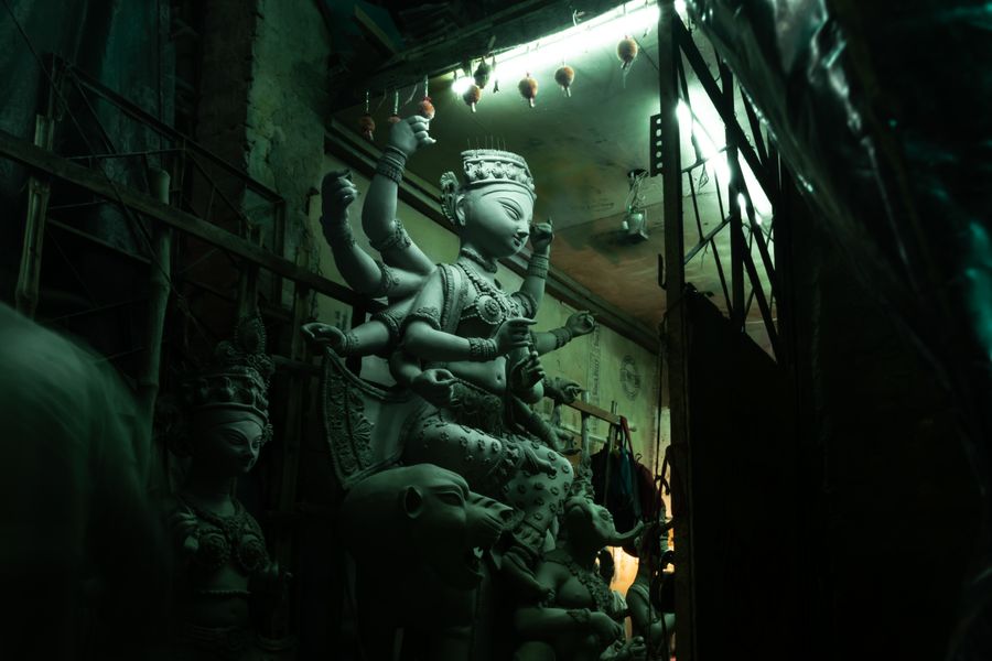 Durga idol sculpting in a Kolkata workshop