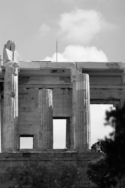 Free Black and white view of ancient columns at the Acropolis, Athens. Stock Photo