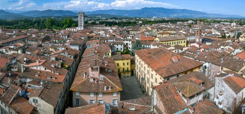 Free Aerial view of Lucca's historic rooftops and towers under a bright blue sky. Stock Photo