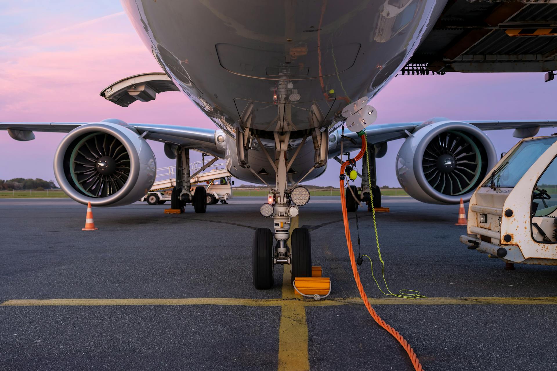 Commercial Airplane Maintenance at Sunset