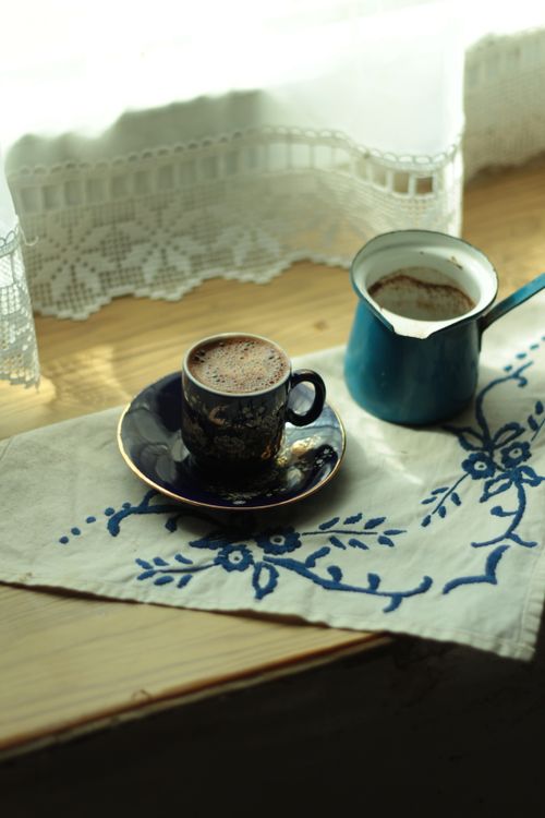 Free A cozy scene with traditional Turkish coffee and cezve on a sunlit windowsill. Stock Photo