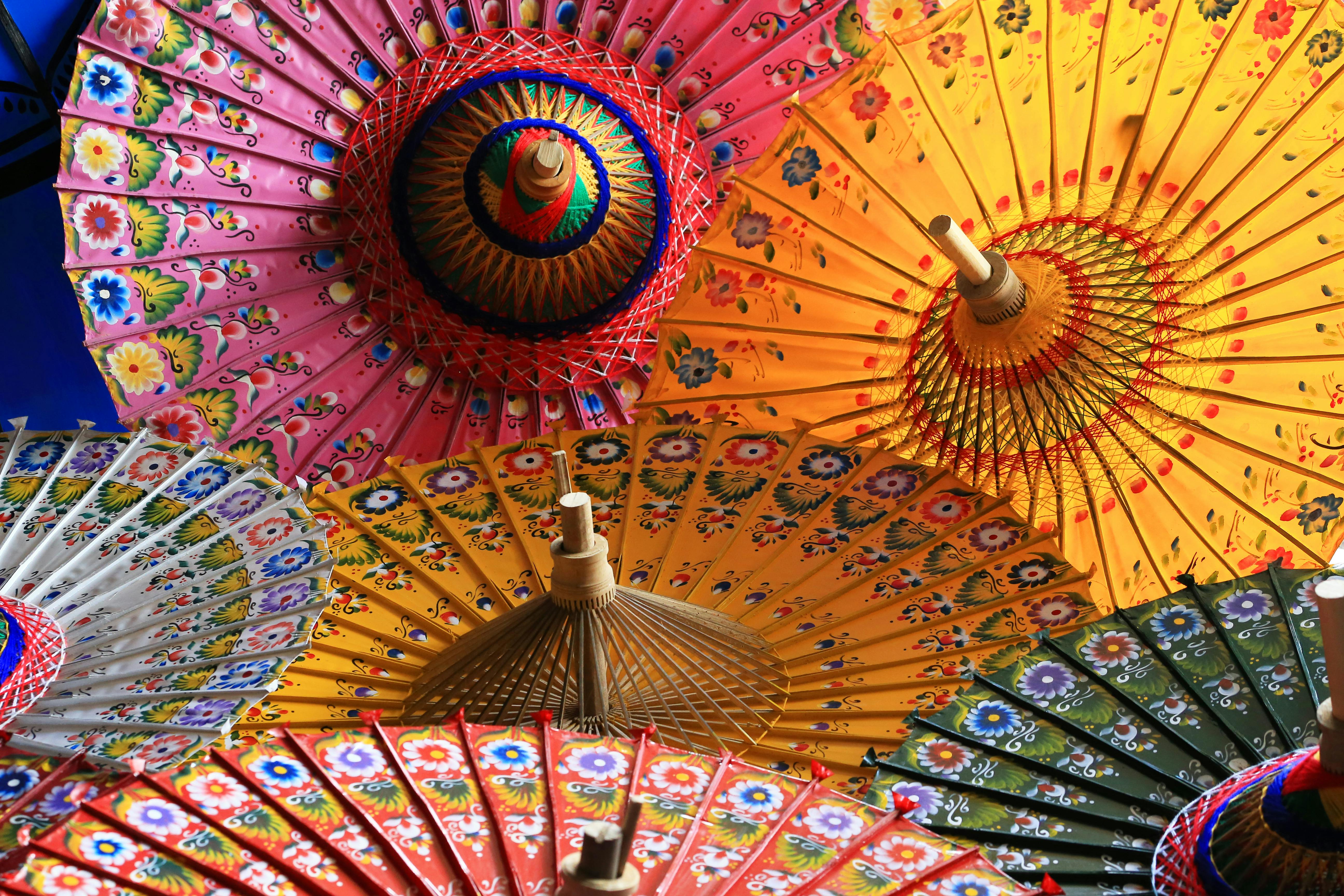 Vibrant top view of traditional Asian paper umbrellas with intricate floral designs.