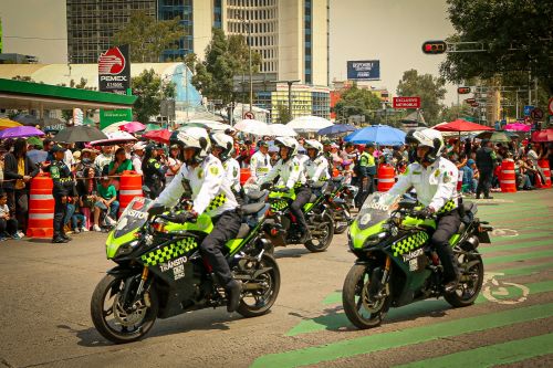 Free Uniformed traffic police on motorbikes riding in a city street during a parade with spectators. Stock Photo