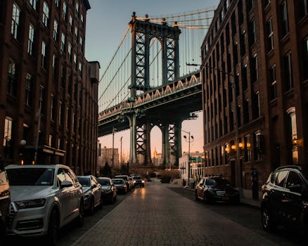 曼哈顿大桥与夕阳共同构成了城市场景