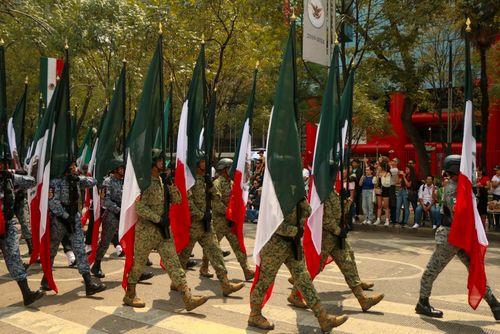 Free Soldiers marching with national flags during a parade in Mexico City, showcasing national pride and military formation. Stock Photo