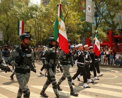 Free Military personnel marching in a Mexican parade, showcasing national pride. Stock Photo