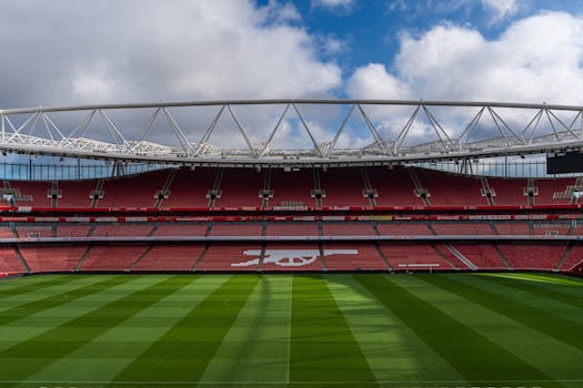 Panoramic view of the empty Emirates Stadium, home to Arsenal FC, in London, England.