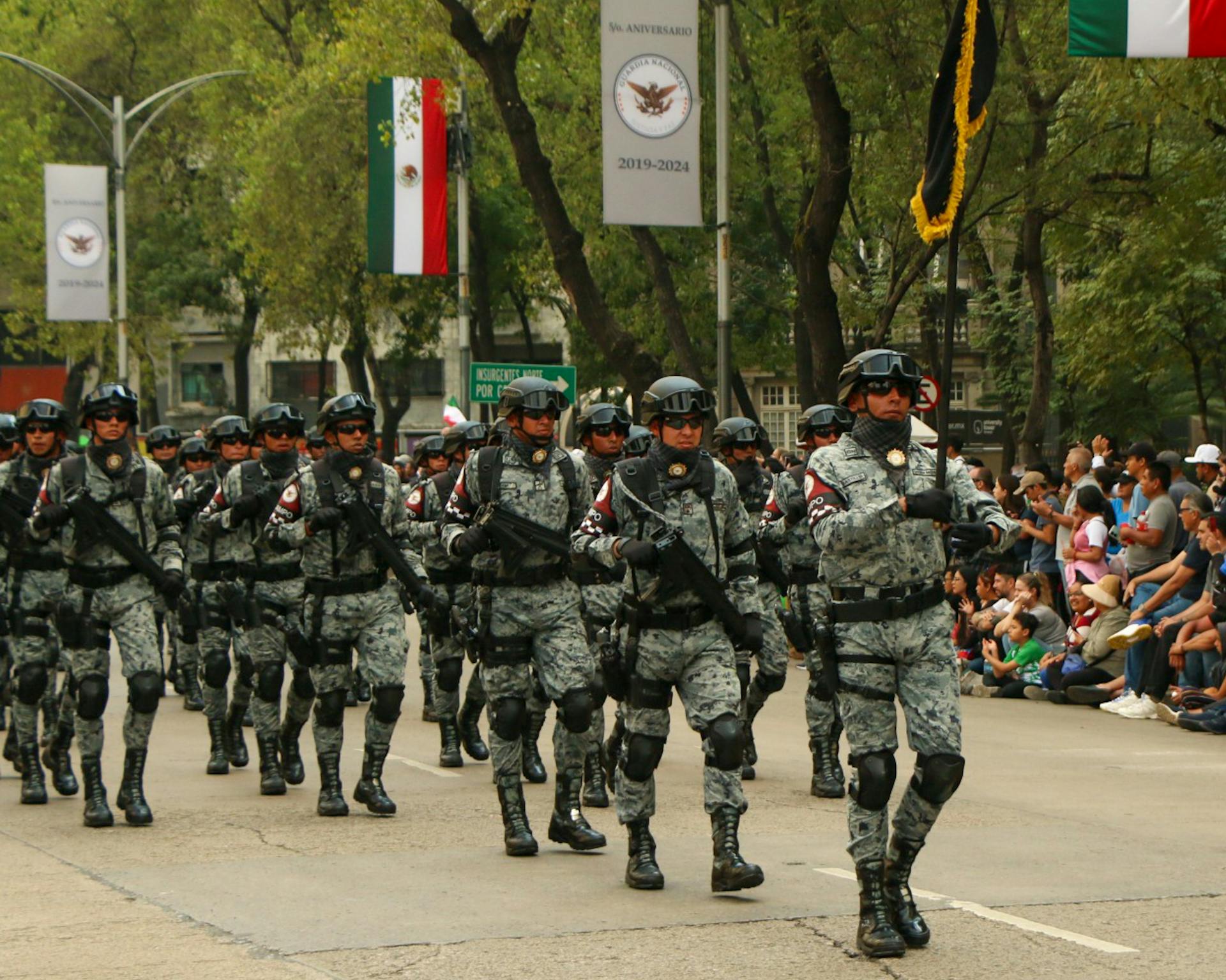 Mexican soldiers in camouflage marching during a parade in Mexico City.