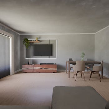 Stylish grey minimalist living room with modern furniture and decor.