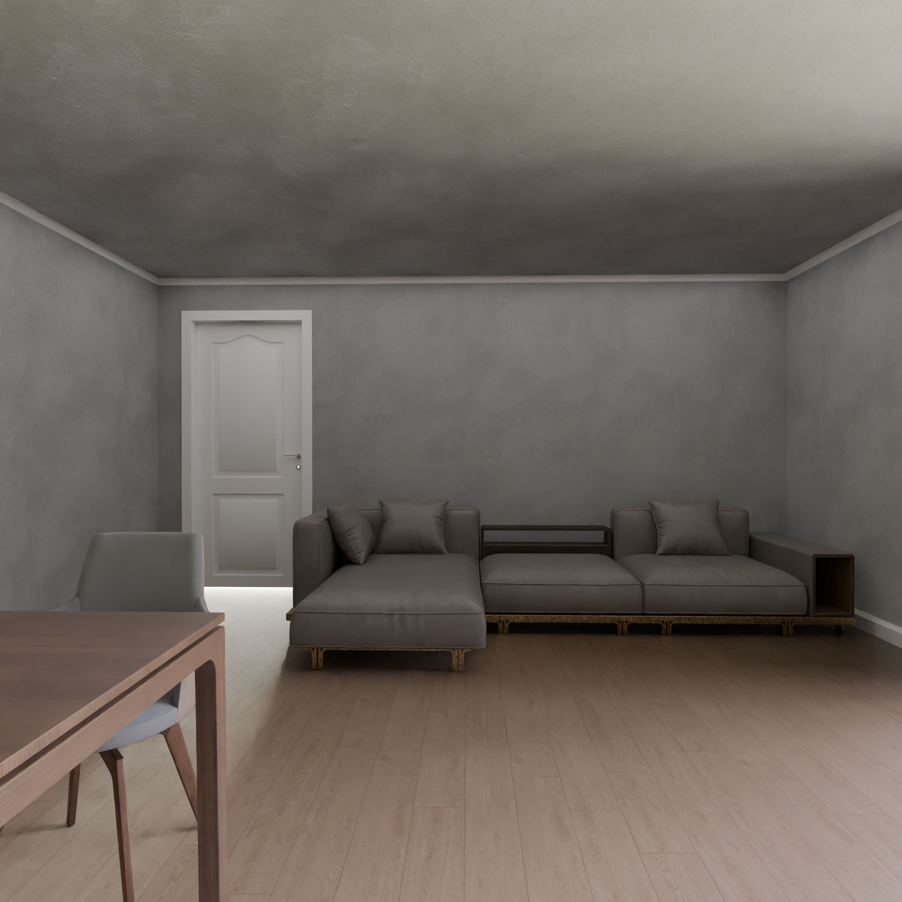 Minimalist living room with contemporary furniture and warm neutral styling