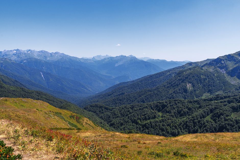 Stunning panoramic view of the Svaneti mountains in Georgia with ancient towers