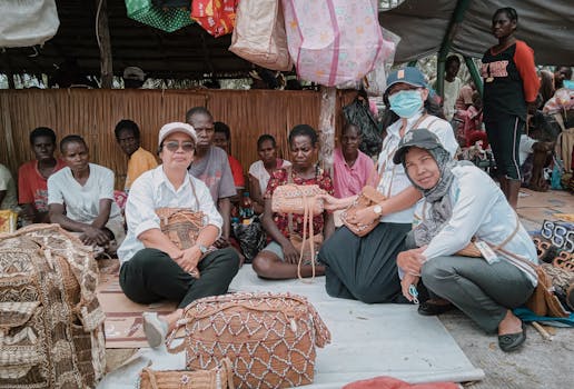 A bustling market in Agats, Papua, showcasing traditional woven crafts and community life.