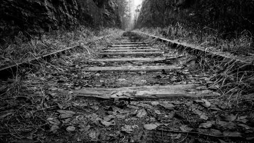 Grayscale Photography of Train Railway