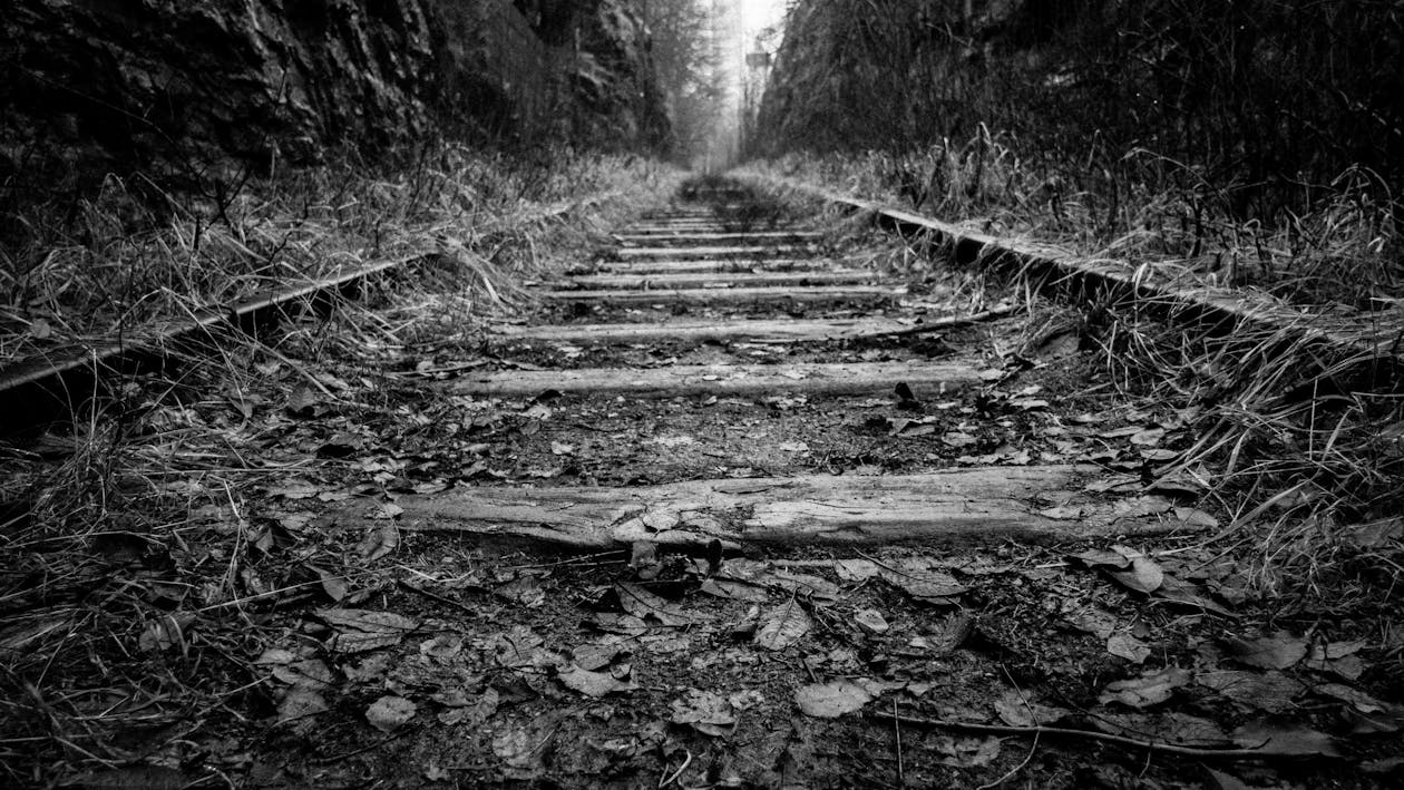 Grayscale Photography of Train Railway