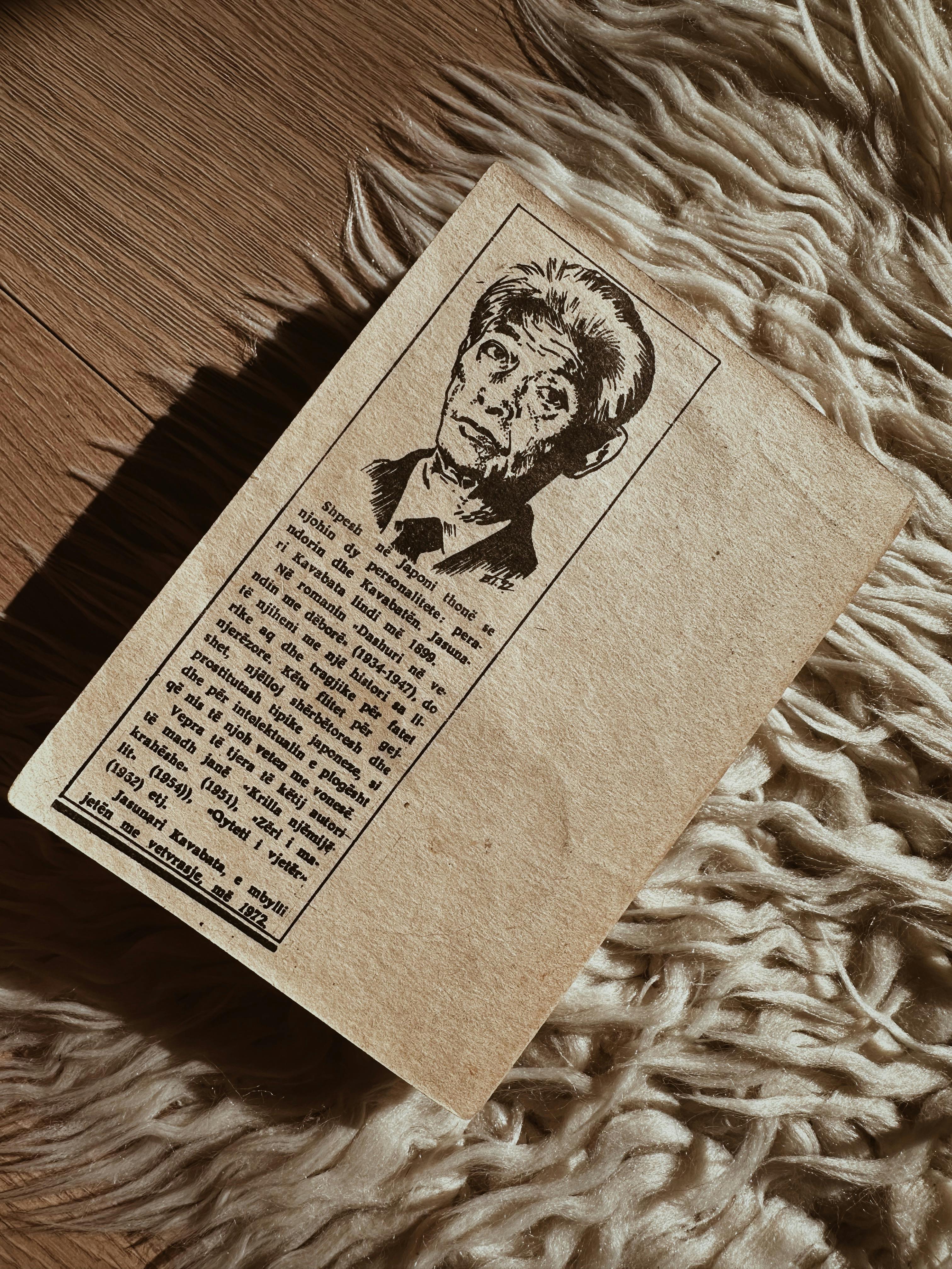A vintage newspaper clipping with illustration against a cozy rug, warm tones.
