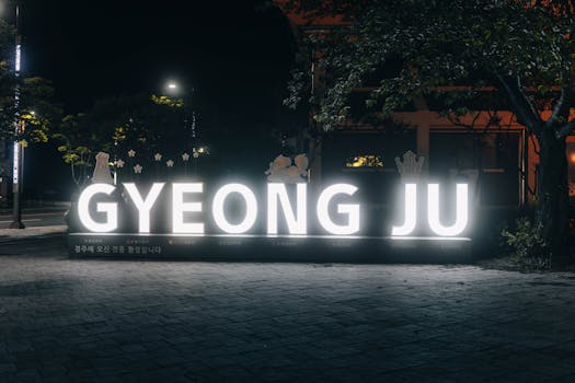 Neon-lit Gyeongju sign in Gyeongsang, South Korea at night. Popular tourist spot.