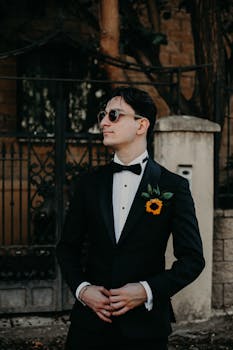 Trendy man wearing a black tuxedo and sunglasses posing outdoors.