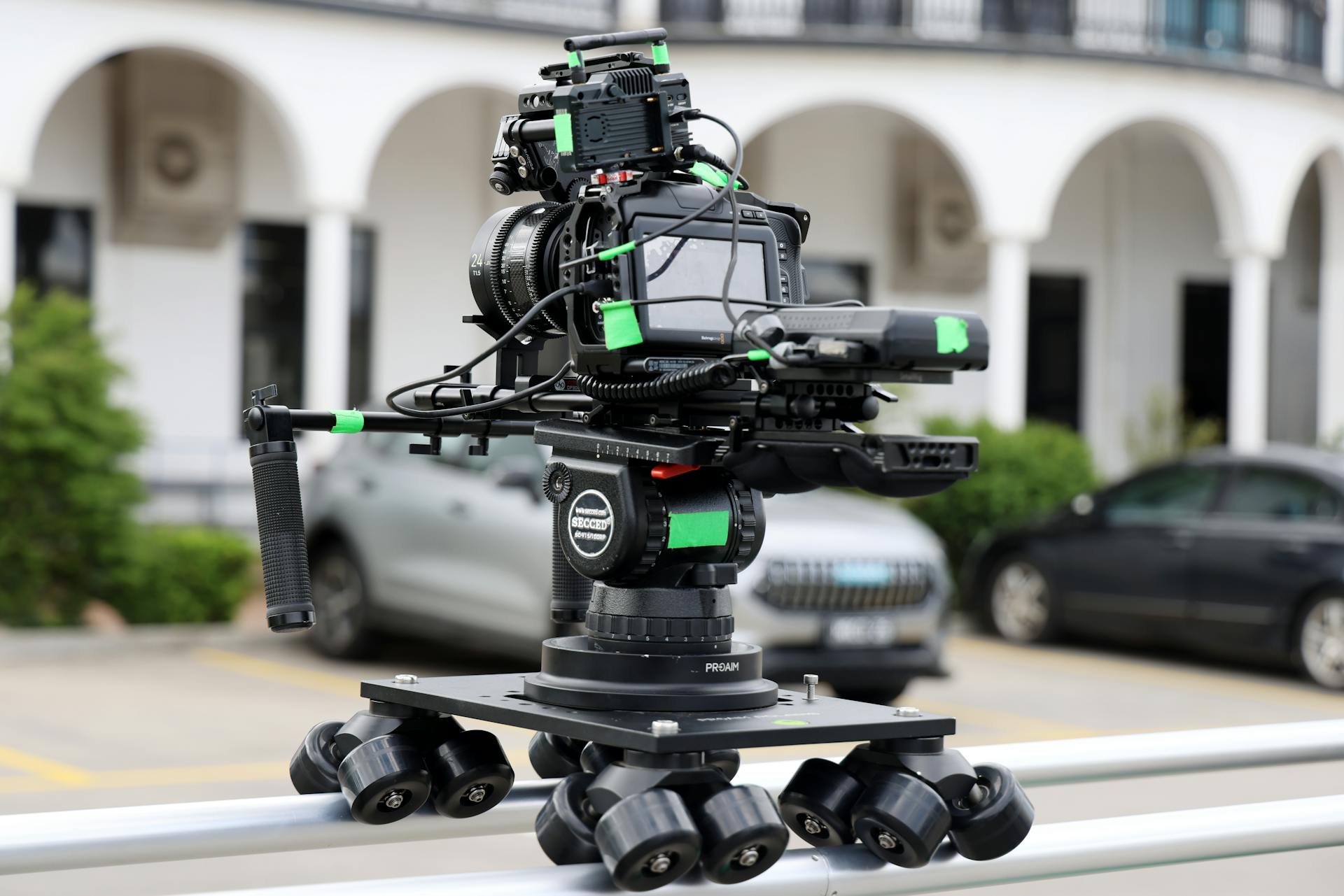 Professional Camera Rig on Dolly Track Outdoors