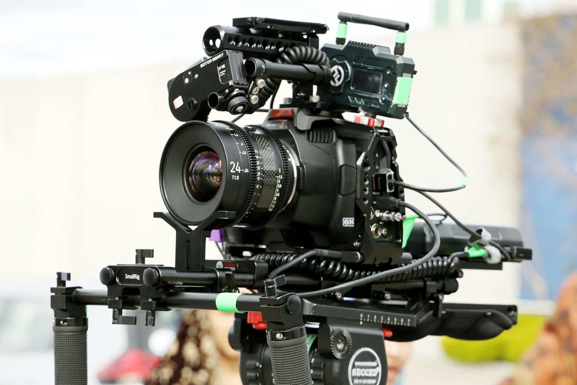 Close-up of a professional camera rig outdoors in Melbourne, VIC, showcasing film production equipment.