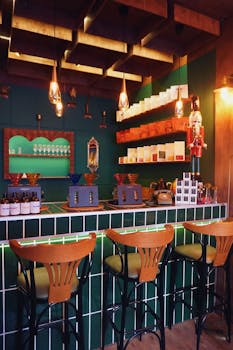 Warm and inviting coffee shop decor with seating and lighting in Eskişehir, Türkiye.