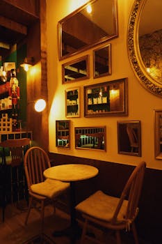 Warm and inviting cafe interior in Eskişehir with stylish decor and mirrors enhancing the ambiance.