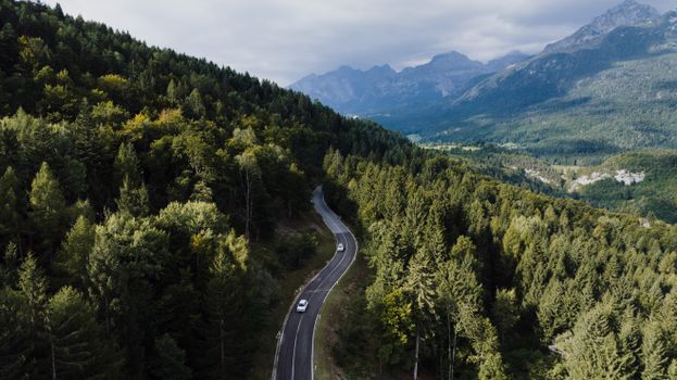 A winding road through dense forests in Molveno, Italy, framed by majestic mountains.