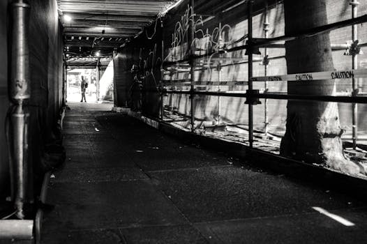 这是一张黑白照片，色调喜怒无常，拍摄的是涂鸦林立的城市走廊，光影效果富有戏剧性