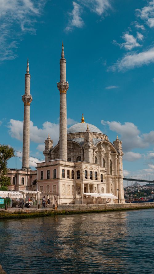 Free Capture of the iconic Ortaköy Mosque in Istanbul against a clear blue sky, beside the Bosphorus. Stock Photo
