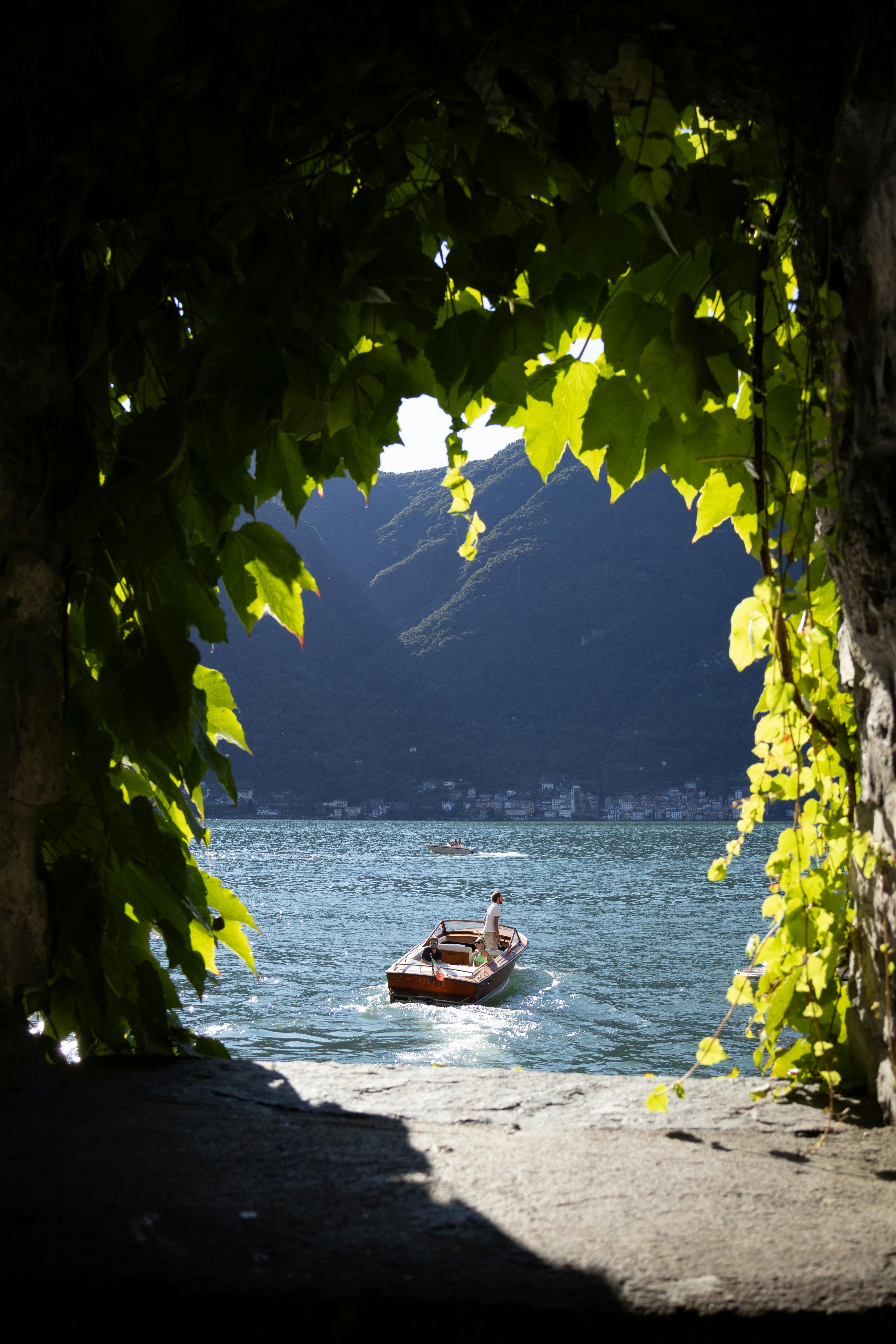 Free Scenic View of Lake Through Leafy Archway Stock Photo