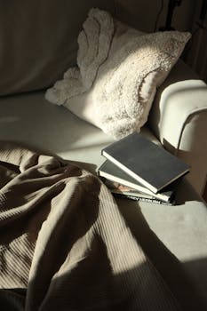 Aesthetic living room with a stack of books, blanket, and plush pillow on a sofa, creating a warm and inviting atmosphere.