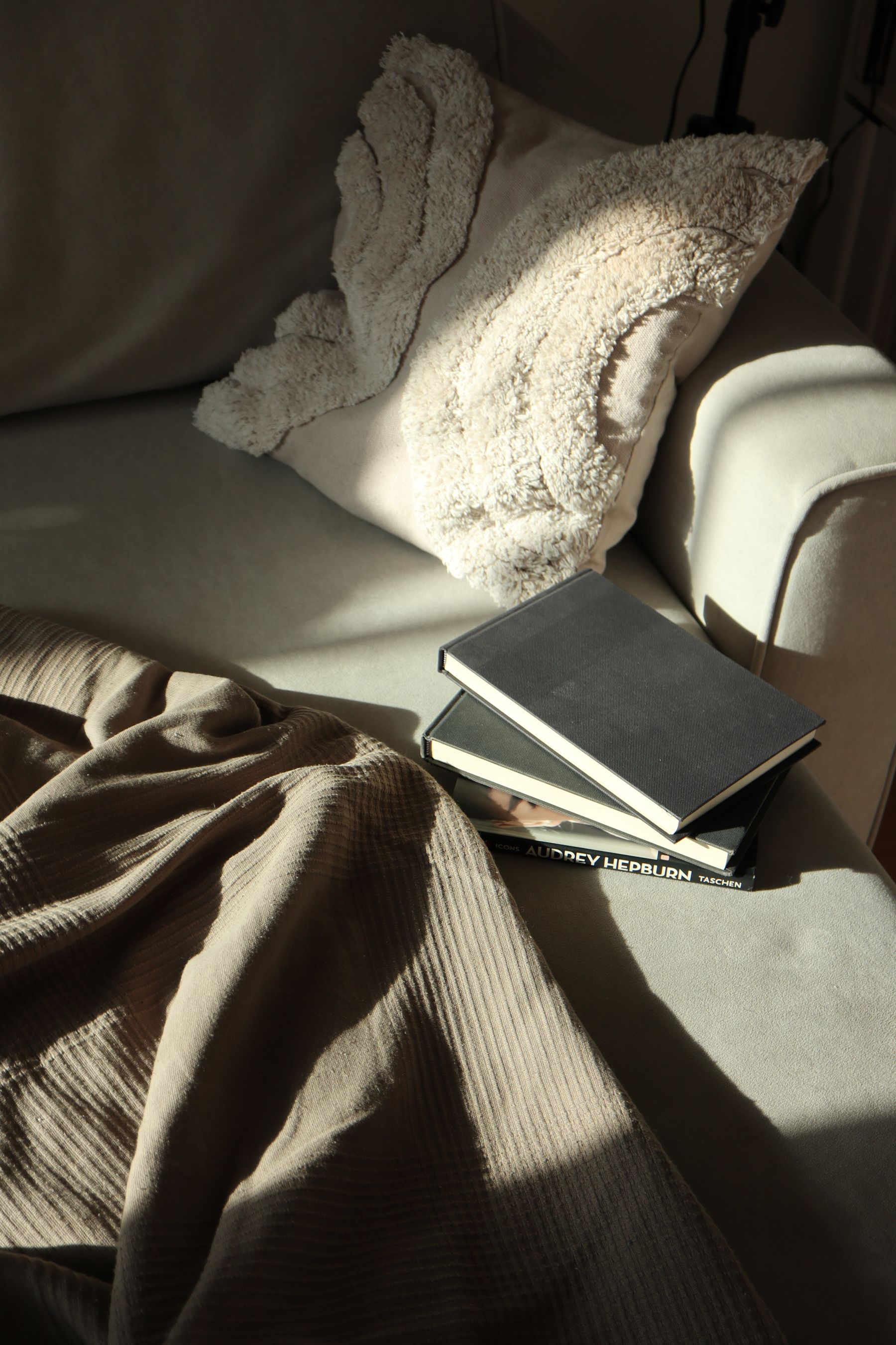 Books, textured blanket and cushion on living-room seating
