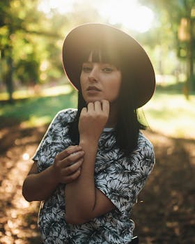 圣保罗公园阳光明媚，一位戴帽子的时尚女性肖像，非常适合生活方式和时尚主题