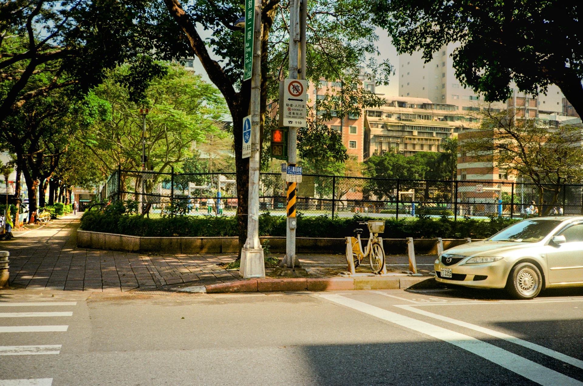 Daytime urban city street with parked bicycle, trees, and modern buildings.