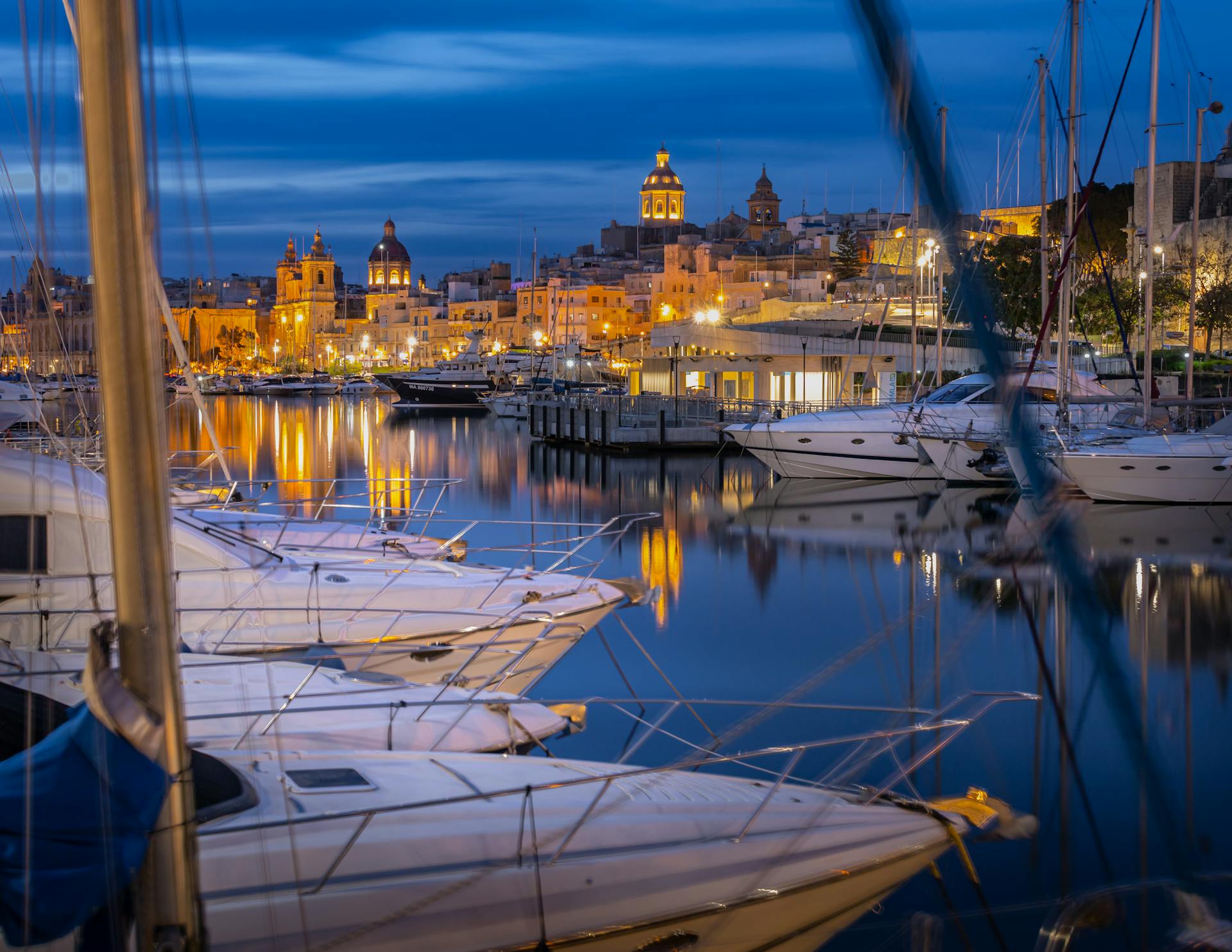 Scenic View of Marina at Blue Hour in Malta