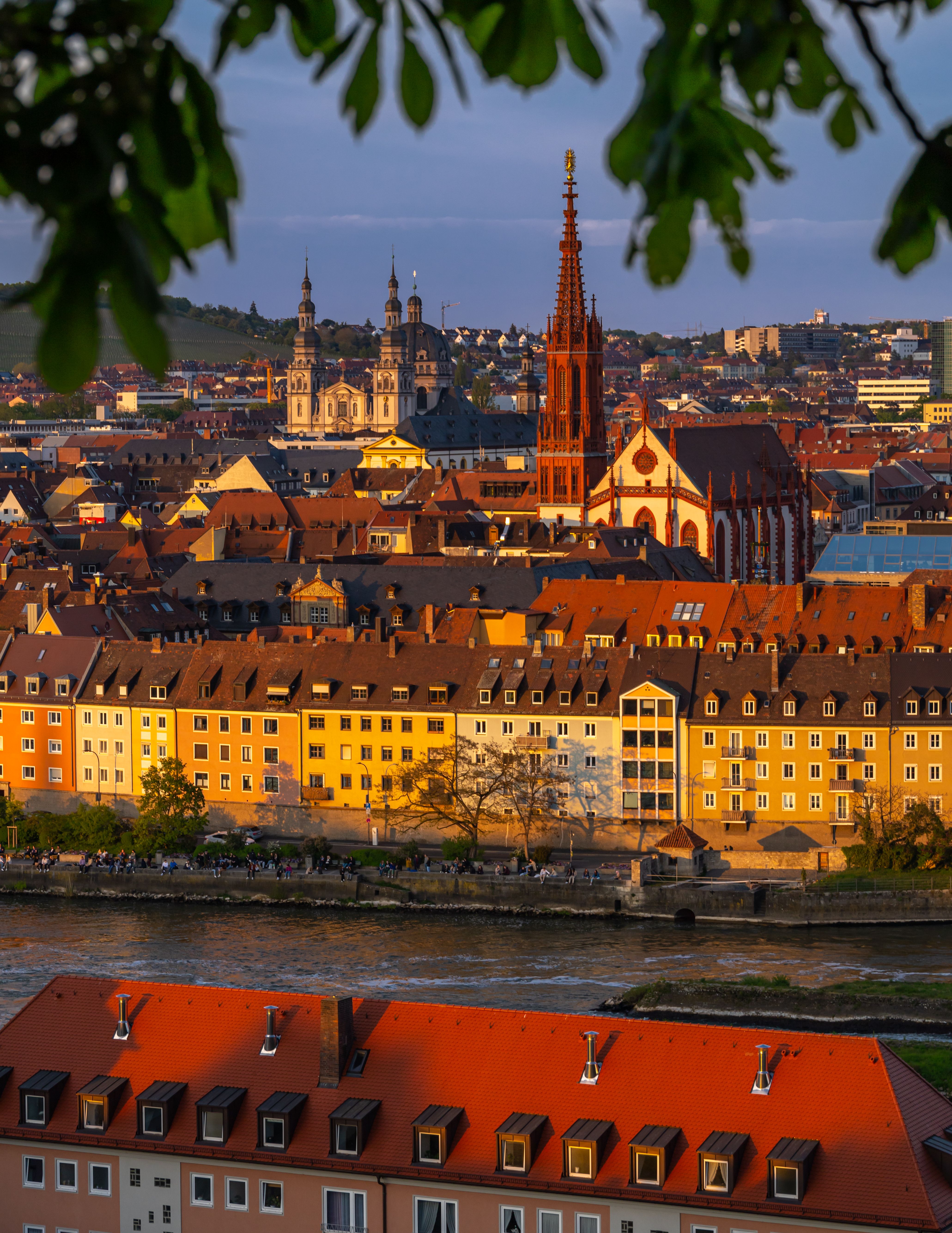 Panoramic view of Würzburg's historic cityscape with prominent churches at sunset.