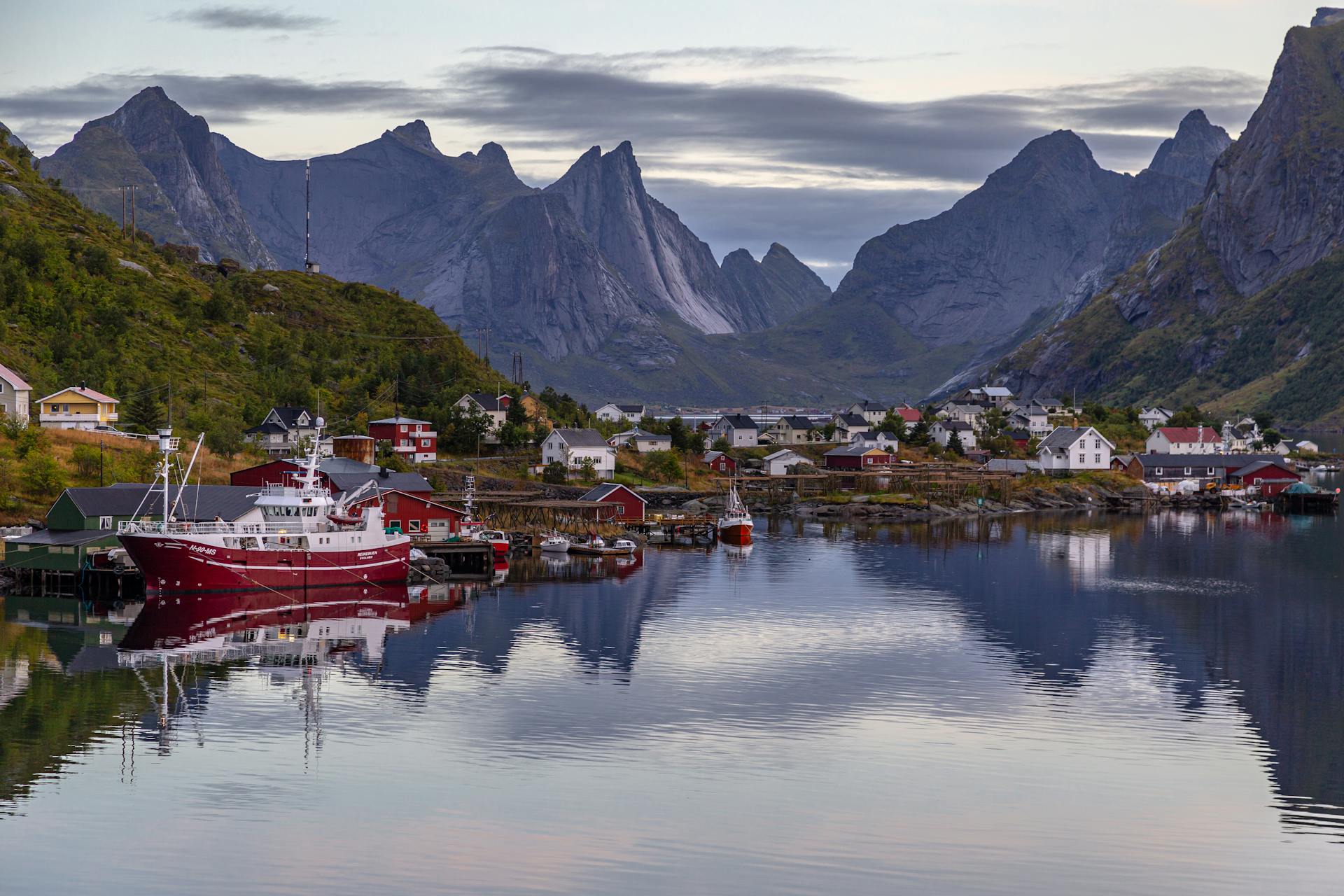 Picturesque Harbor in Å, Norway with Mountains