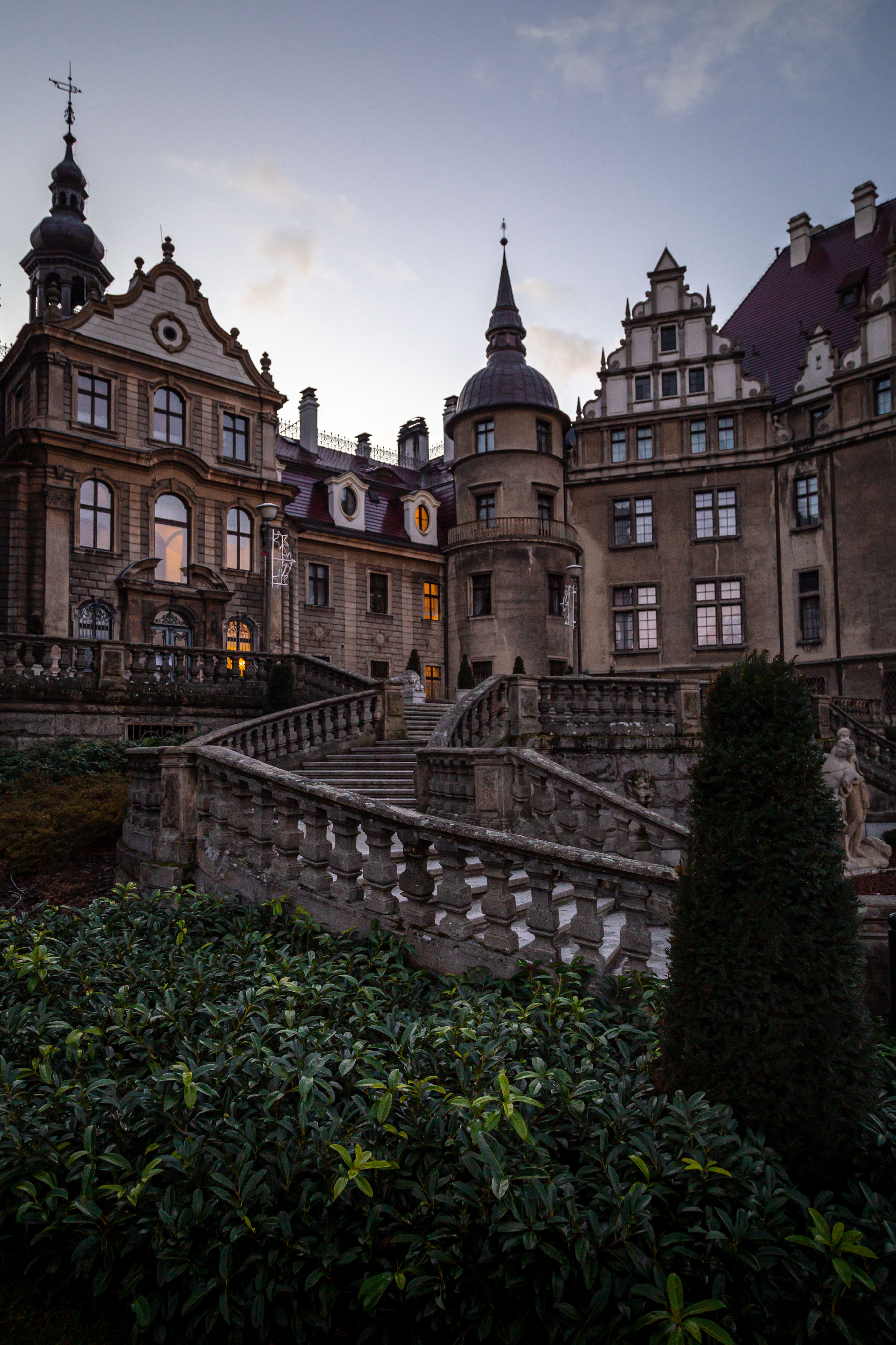 Majestic Gothic Revival Castle in Moszna at Dusk · Free Stock Photo