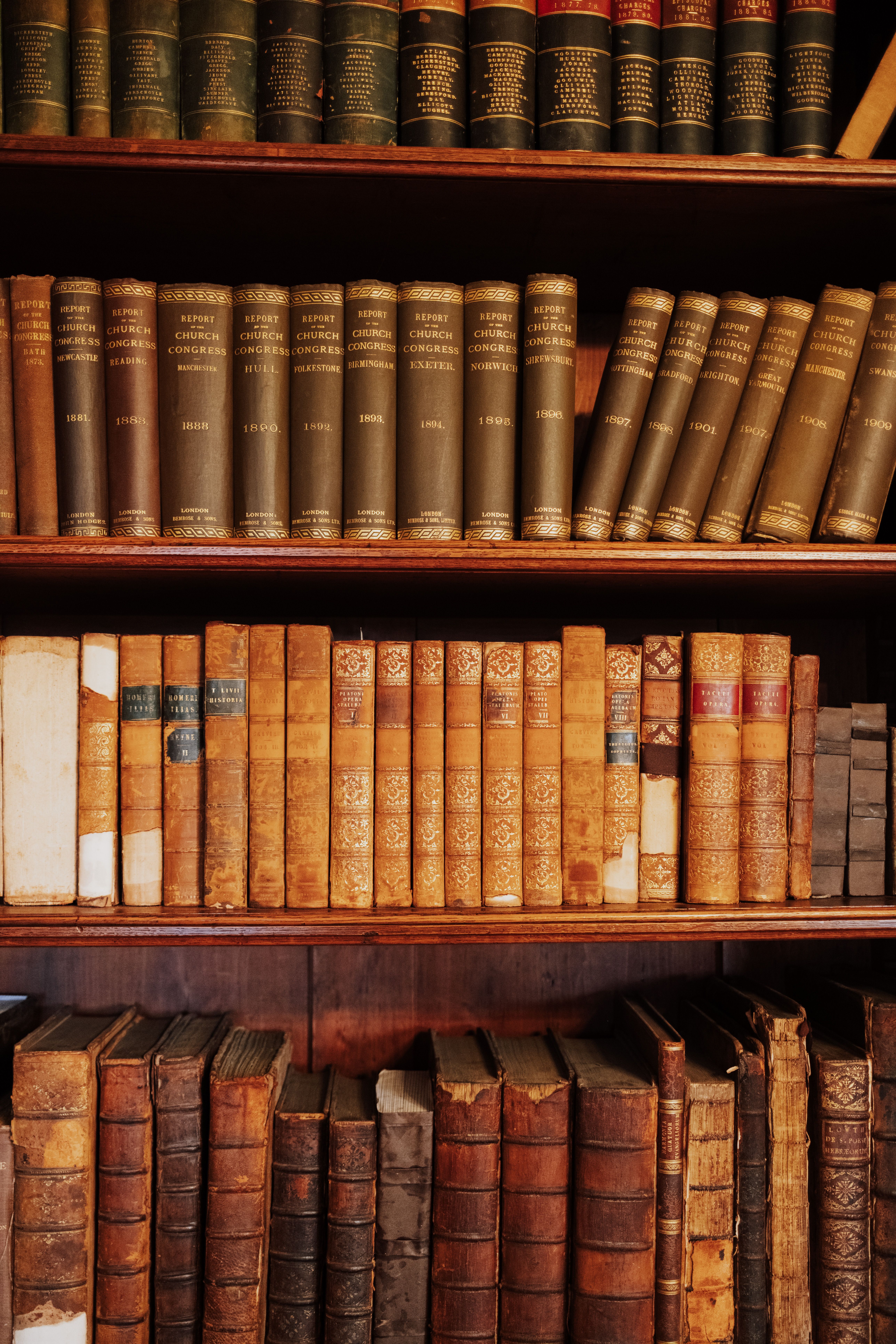 Rows of leather-bound legal reference books on tall library shelves