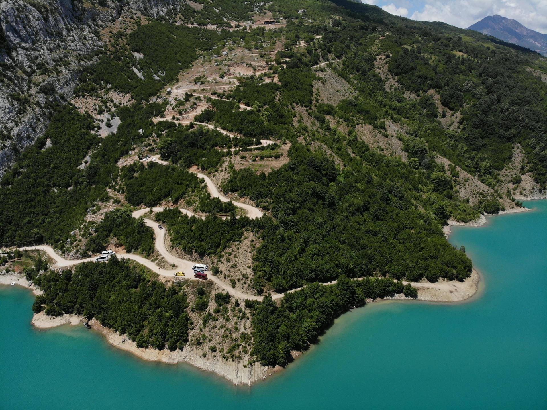 Aerial View of Mountainous Lake in Albania