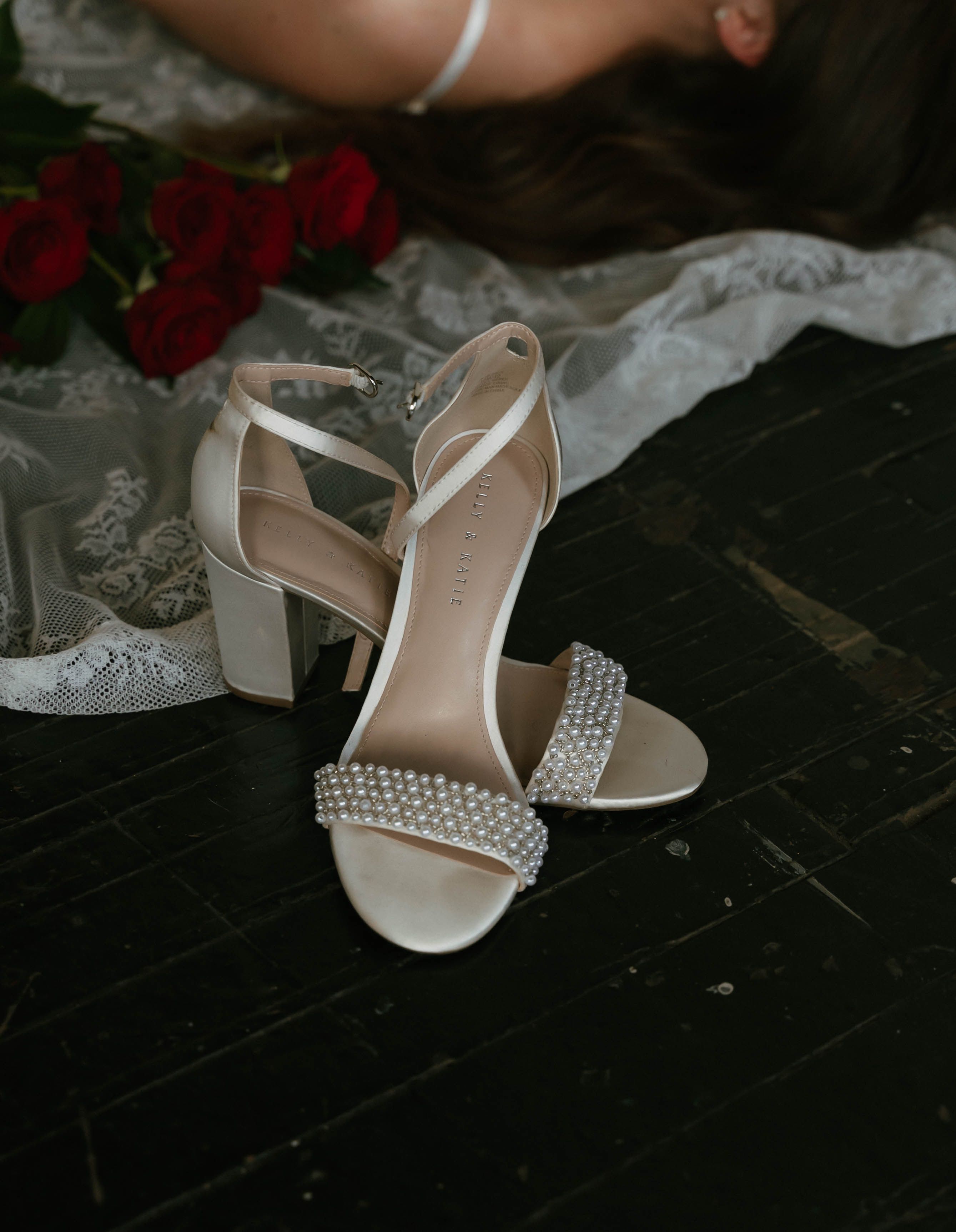 Elegant Bridal Shoes with Red Roses and Lace · Free Stock Photo