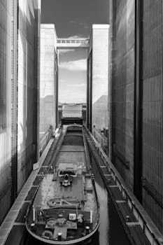 Monochrome photo of a cargo boat in Scharnebeck Ship Lift, showcasing modern infrastructure.