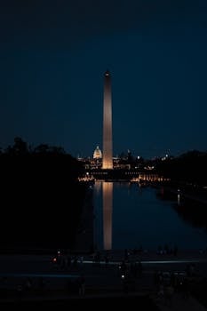 华盛顿特区游泳池中夜间景观的华盛顿纪念碑
