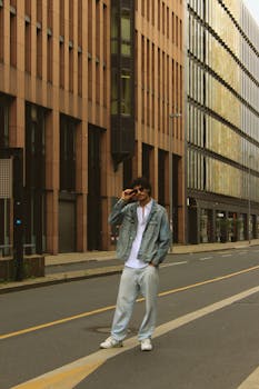 A stylish adult male in denim poses on Düsseldorf's streets, showcasing urban fashion.