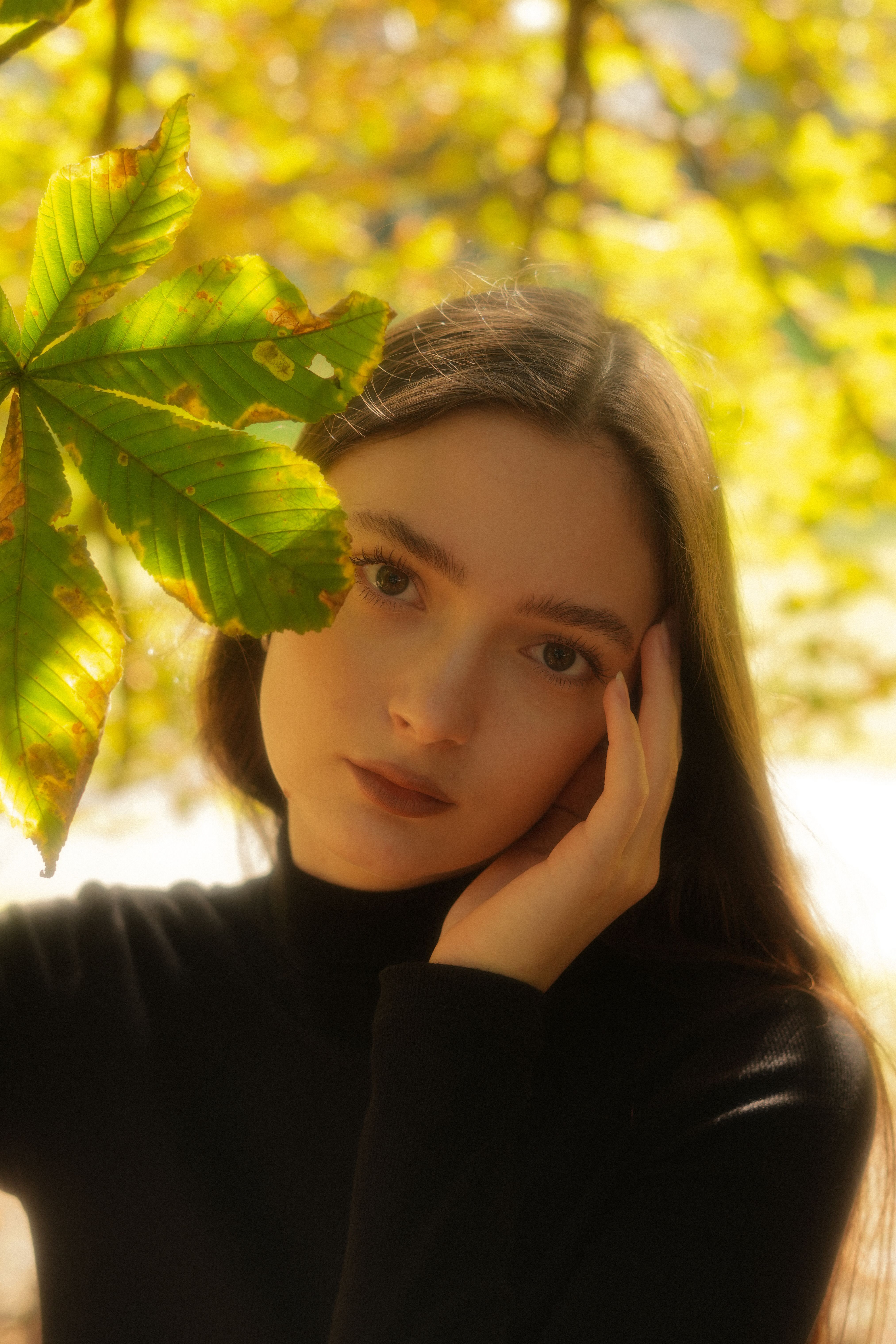 Portrait of Woman in Autumn Light with Leaf · Free Stock Photo