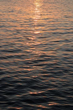 Capture of golden sunset reflecting on calm rippling water, creating a tranquil scene.