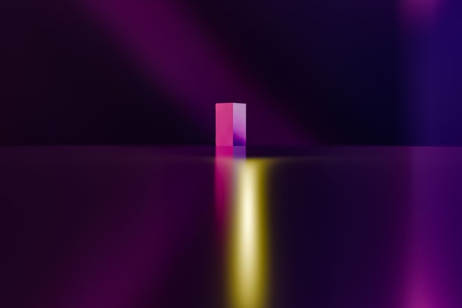 A vibrant geometric artwork showcasing a cube with gradient colors and abstract lighting.
